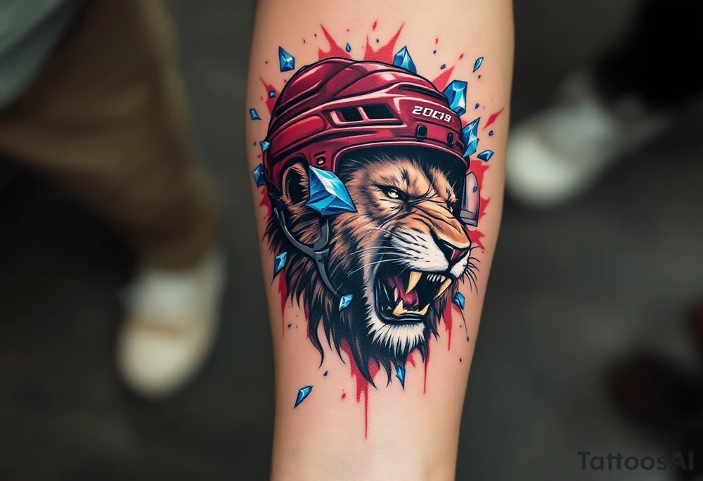 A stylized lion roaring through a maroon hockey helmet, with icy blue shards flying around. tattoo idea