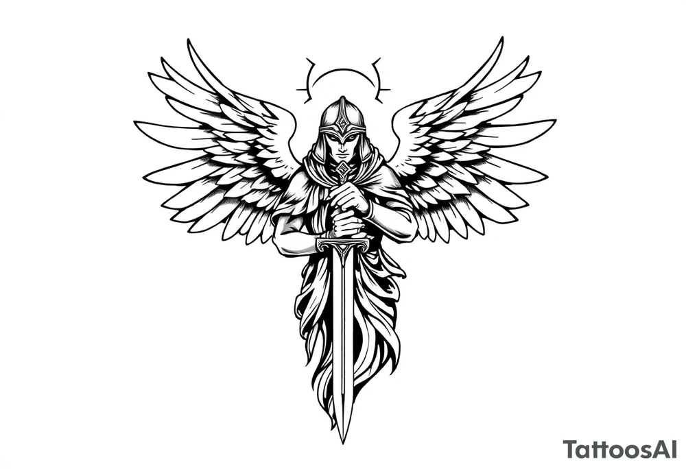 Holy Archangel, Biblical, Christianity, Hebrew, Guards of Christianity, Holding a sword, having six wings, wearing helmet, halo, seraphim, seek justice, walk only with God tattoo idea