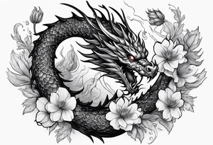 Scorpion and dragon surrounded by smokes and flowers tattoo idea
