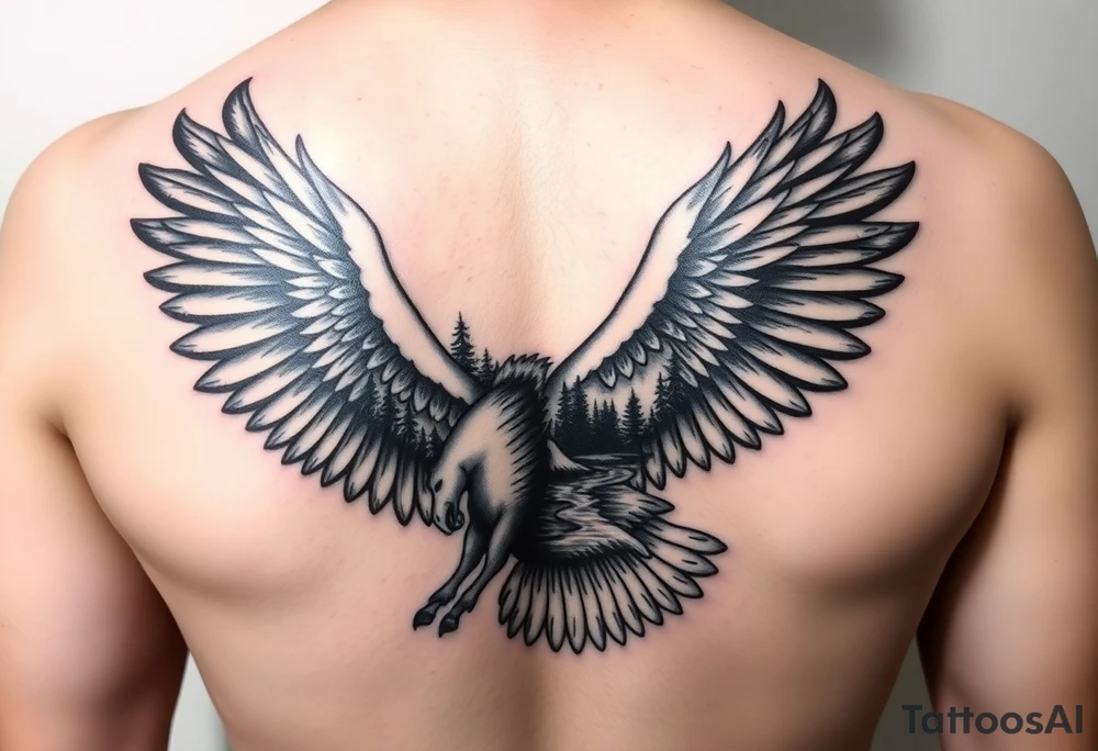 I want an eagle but inside of its wings I want a forest and a little river and maybe a horse drinking from the river. Not too big it has to fit on a 2 inch by 2 inch area tattoo idea