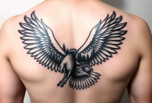 I want an eagle but inside of its wings I want a forest and a little river and maybe a horse drinking from the river. Not too big it has to fit on a 2 inch by 2 inch area tattoo idea