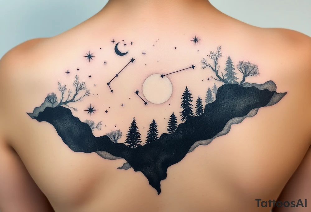 Night sky with constellation, stars & moon with silhouette of natural tattoo idea