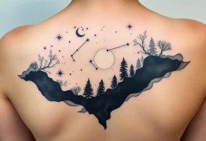 Night sky with constellation, stars  & moon with silhouette of natural tattoo idea