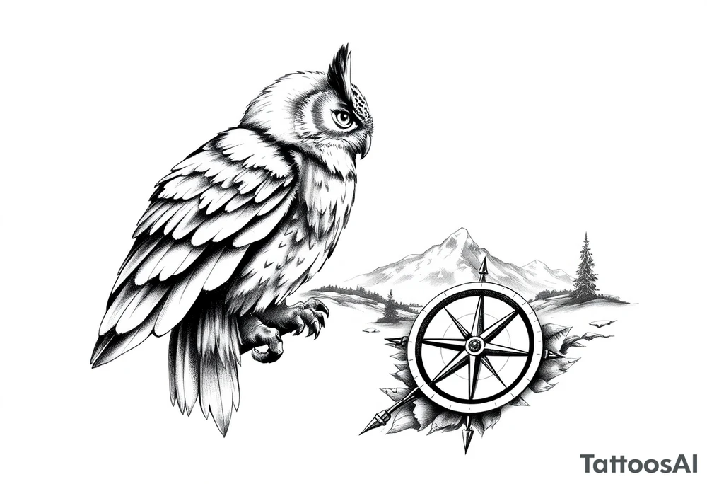 an owl,a compass,landscape. tattoo idea