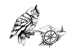 an owl,a compass,landscape. tattoo idea