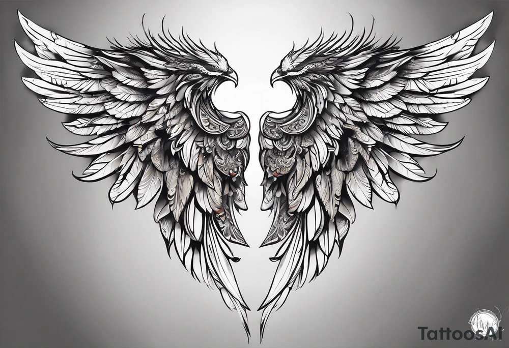 Cool pair of wings on my back to complete some on my upper back with 2 vertical tails going down the middle of my back tattoo idea