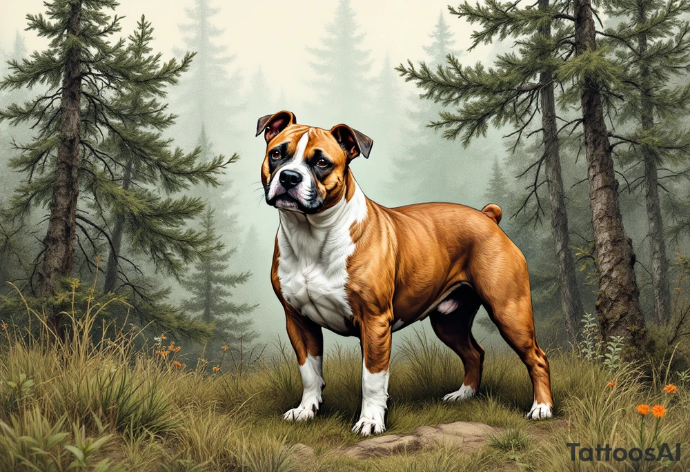 Stafford in Nature Scene – A serene design showing a Staffordshire Bull Terrier standing in a forest setting, with evergreen trees and cool earth tones in the background. tattoo idea