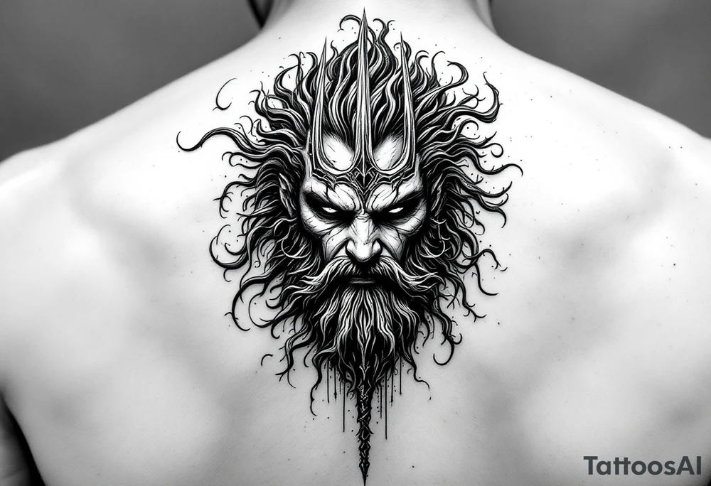 poseidon face behind trident tattoo idea