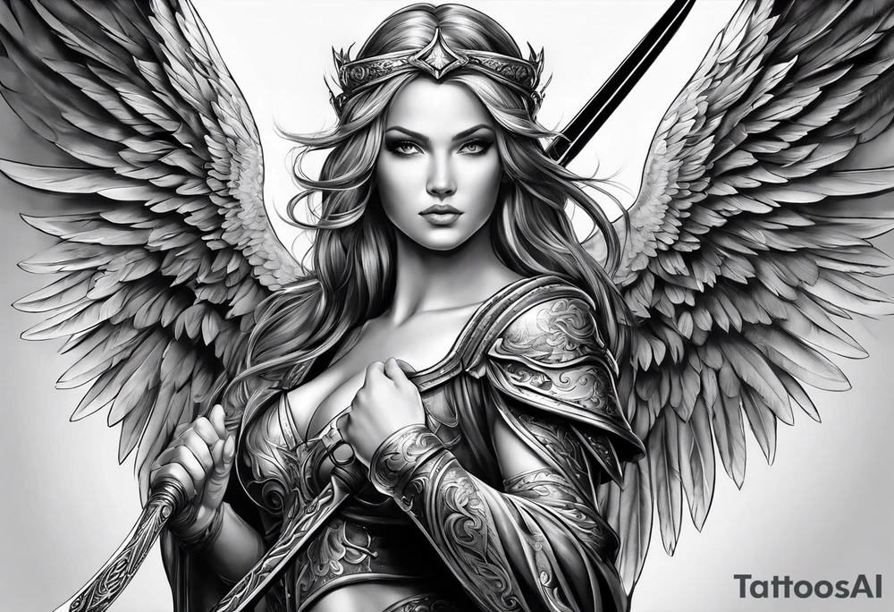 Female angel with sword and beauty dominance tattoo idea