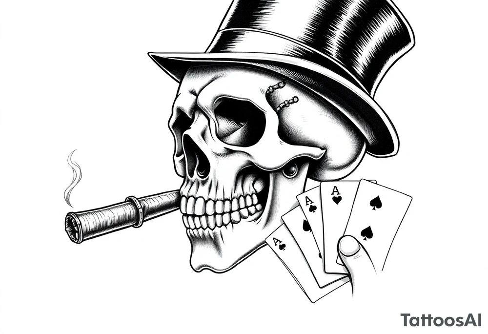 a skull with mustache, a big cigar in his mouth,top-hat on his head and playing cards in a hand. tattoo idea