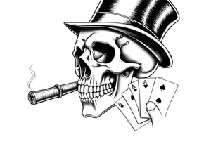 a skull with mustache, a big cigar in his mouth,top-hat on his head and playing cards in a hand. tattoo idea