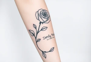 Rose on hand with vine wrapping around arm coming across to peck with family’s name on my peck in crossword tattoo idea