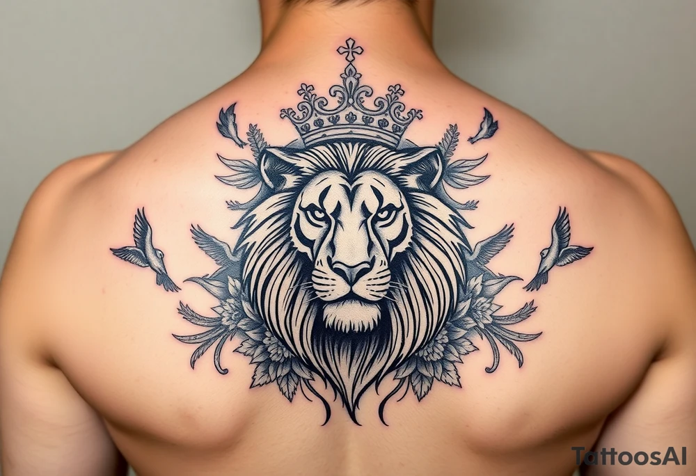 powerful majestic lion with a crown, surrounded by floral ornaments and birds tattoo idea