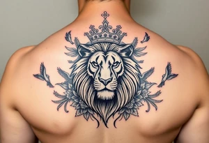 powerful majestic lion with a crown, surrounded by floral ornaments and birds tattoo idea