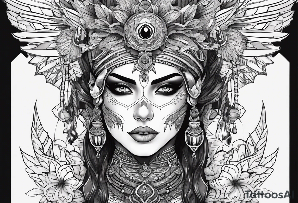 kali, alien goddess, valkrye, pirate, zenza, lotus, wing, pachamama, skull tattoo idea