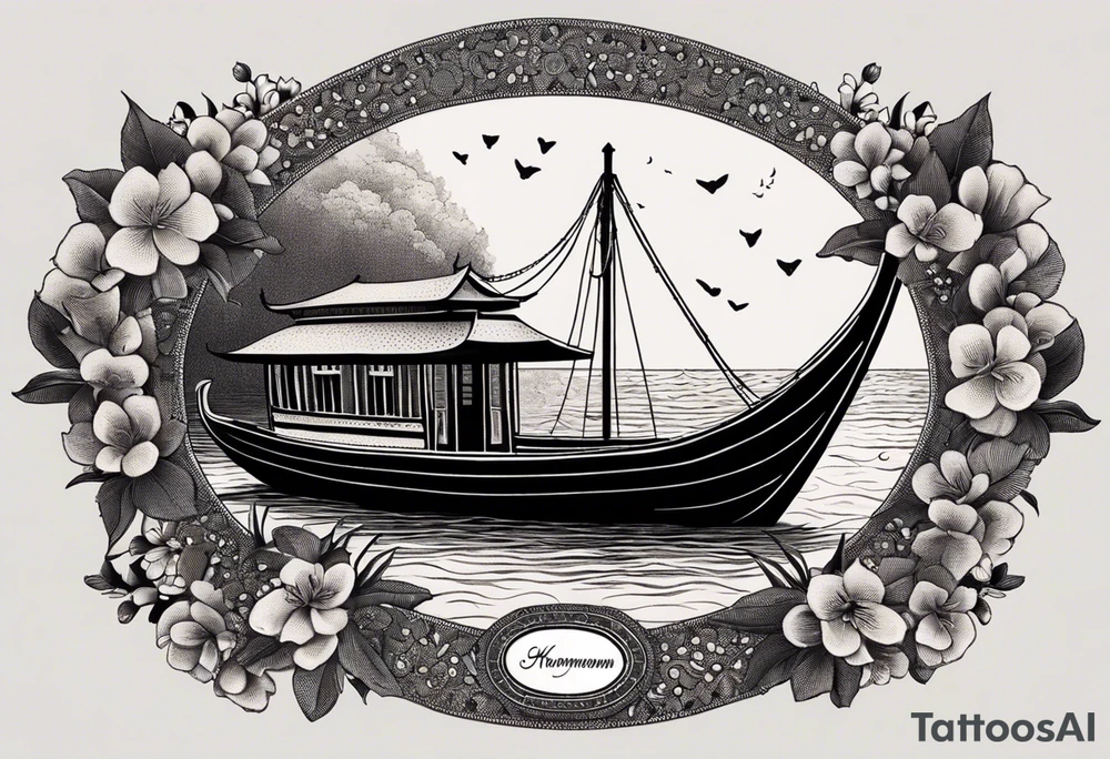 Create an oval-shaped frame with the text “Honeymoon” written in Thai inside the oval. At the center of the oval, place a traditional Thai long-tail boat decorated with flowers at its bow, as is customary. The boat should be floating on open water with gentle waves, and beneath the boat, include a swimming turtle. tattoo idea