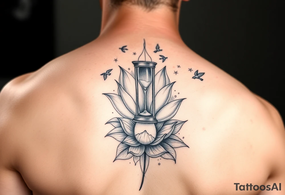 Lotus flower with hour glass and mountains and birds tattoo idea