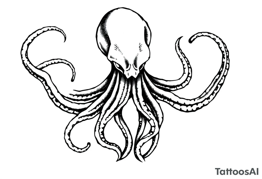 A minimalist blackwork tattoo design of an evil kraken The kraken is viewed from a 45-degree angle facing left, with its head centered. The tentacles extend only to the left and right, with none going downward beneath the head. the tentacles are quite long reaching to the left and right. The style is clean, fine-line detailing with bold outlines, avoiding heavy shading. The tentacles should be fluid, aggressive, and striking, enhancing the menacing and eerie look of the kraken while maintaining a cohesive design for a tattoo sleeve. tattoo idea