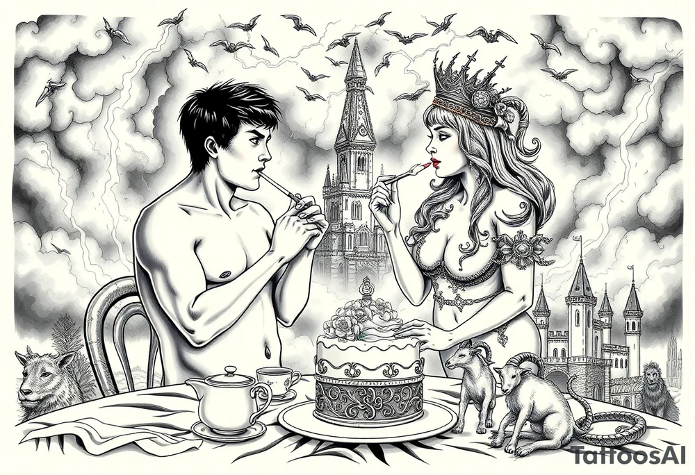 Naked Man and woman eating cake  having sex Storm lightening clouds gothic sexy naked fat lady having a tea party with tea pot and medieval castle
with a pigglets, peacock, noose, lion, goat, smoking cigerettes looking in the mirror thru storm clouds with razor blades and broken hearts and darkness and wrath, envy , gluttony, greed, sloth, pride kill tattoo idea
