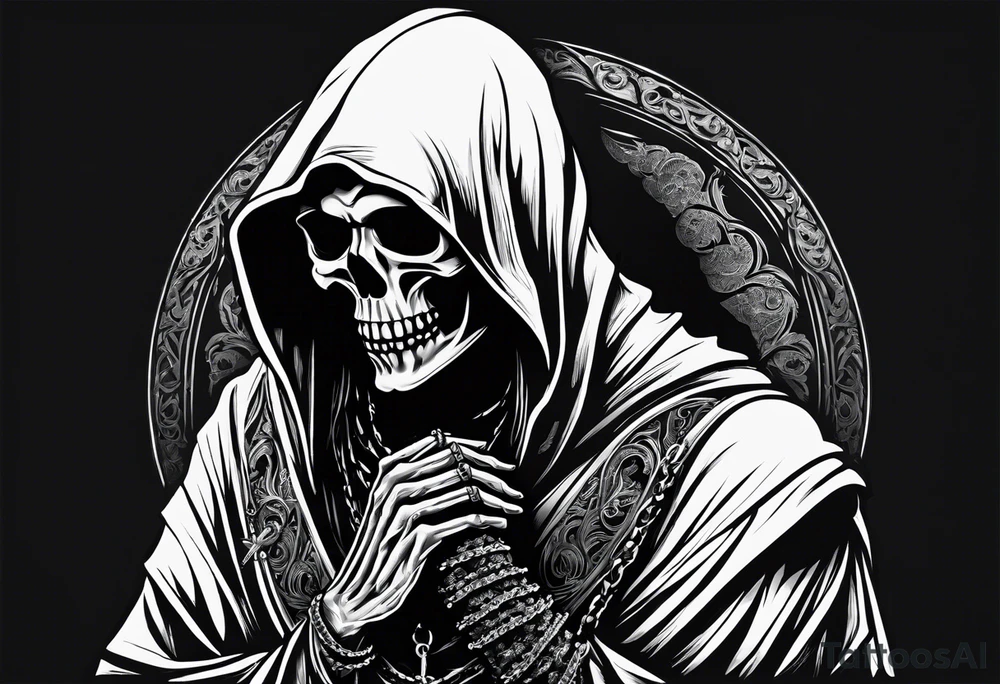 The grim reaper standing from a side profile praying with a rosary wrapped around his hands from a far with skeleton hands show his whole body tattoo idea The grim reaper standing from a side profile praying with a rosary wrapped around his hands from a far with skeleton hands show his whole body tattoo idea