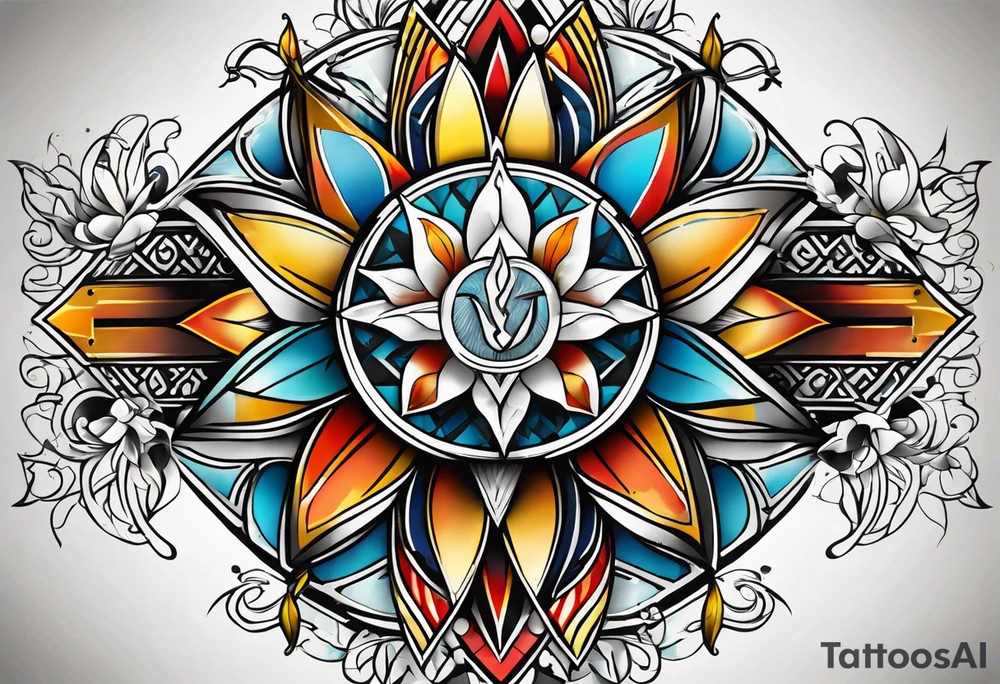 Geometric pattern with trident and leaves and chequered flag tattoo idea