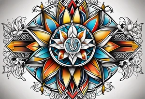 Geometric pattern with trident and leaves and chequered flag tattoo idea