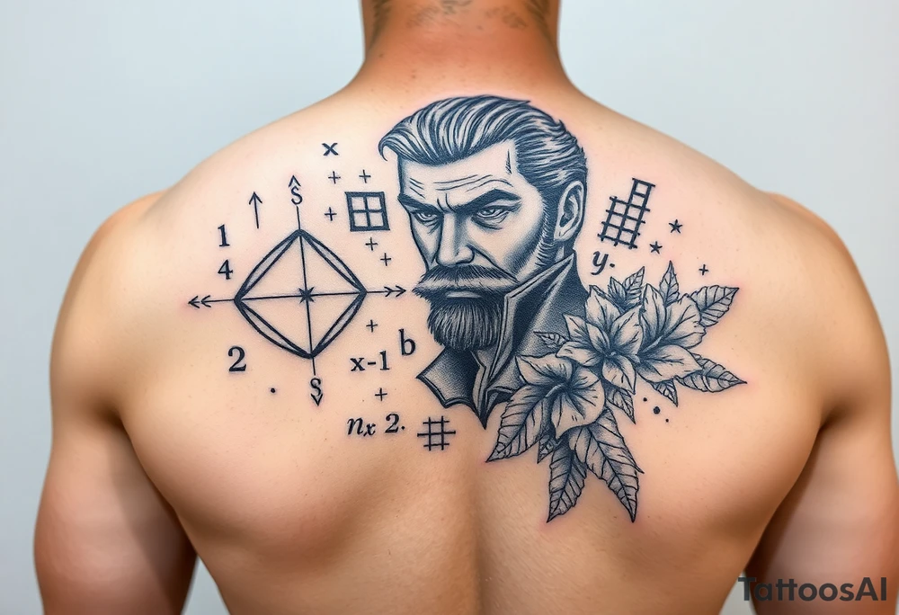 Math and nature on upper arm and shoulder, calculus with masculine features tattoo idea