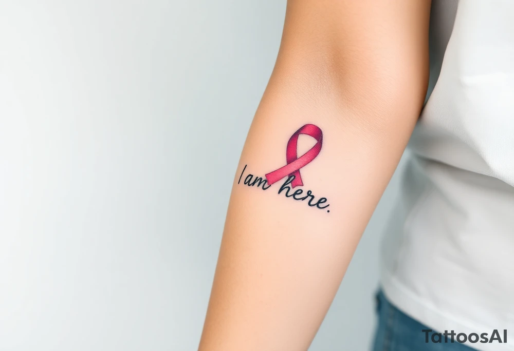 ‘I am here’ with breast cancer pink ribbon as I with Hawaiian theme tattoo idea