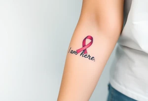 ‘I am here’ with breast cancer pink ribbon as I with Hawaiian theme tattoo idea
