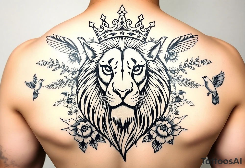 powerful majestic lion with a crown, surrounded by floral ornaments and birds tattoo idea