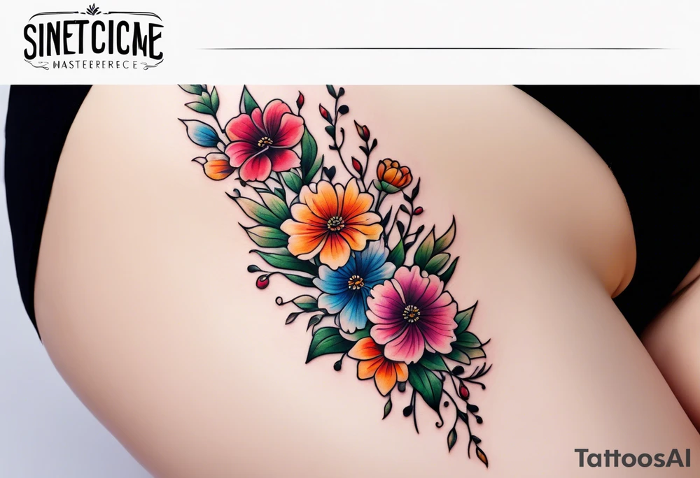 simple long stem wildflower bouquet across foot tattoo idea