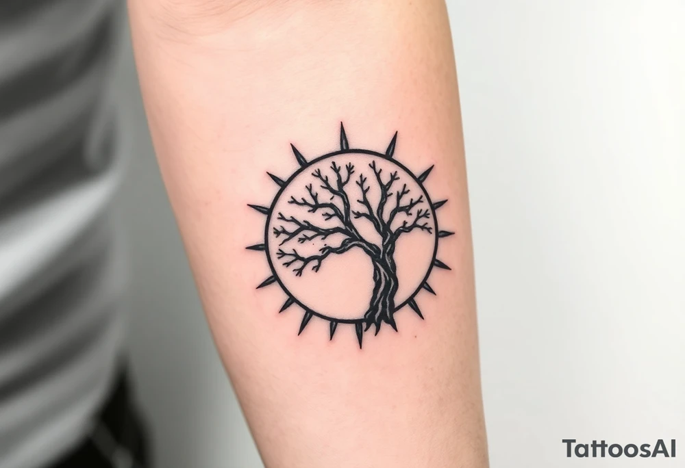 Tree inside of a spiral moving sun tattoo idea