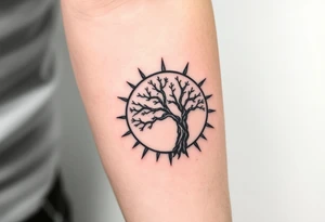 Tree inside of a spiral moving sun tattoo idea