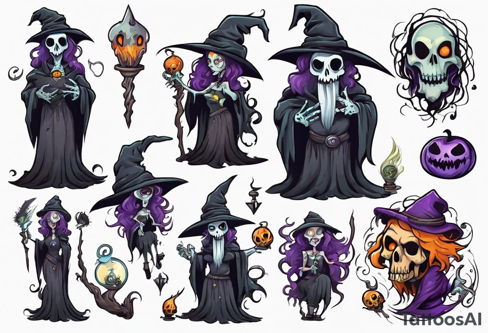 a Tim Burton-style witch necromancer tattoo idea