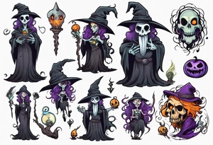 a Tim Burton-style witch necromancer tattoo idea
