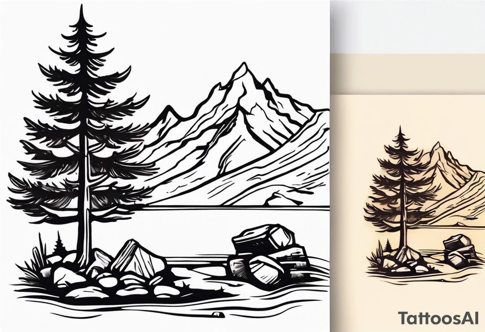 Small campfire in the center, right side: an evergreen tall tree, left side: mountain stream tattoo idea
