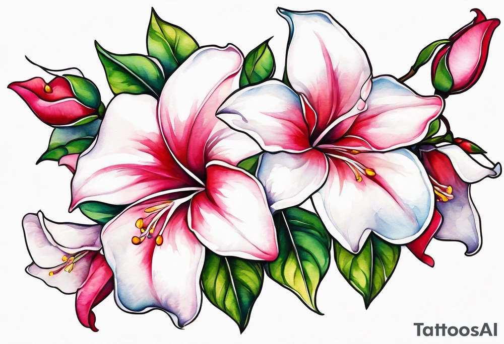white background, abstract mandevilla flowers on a vine, part of it watercolor, part of it just line work tattoo idea