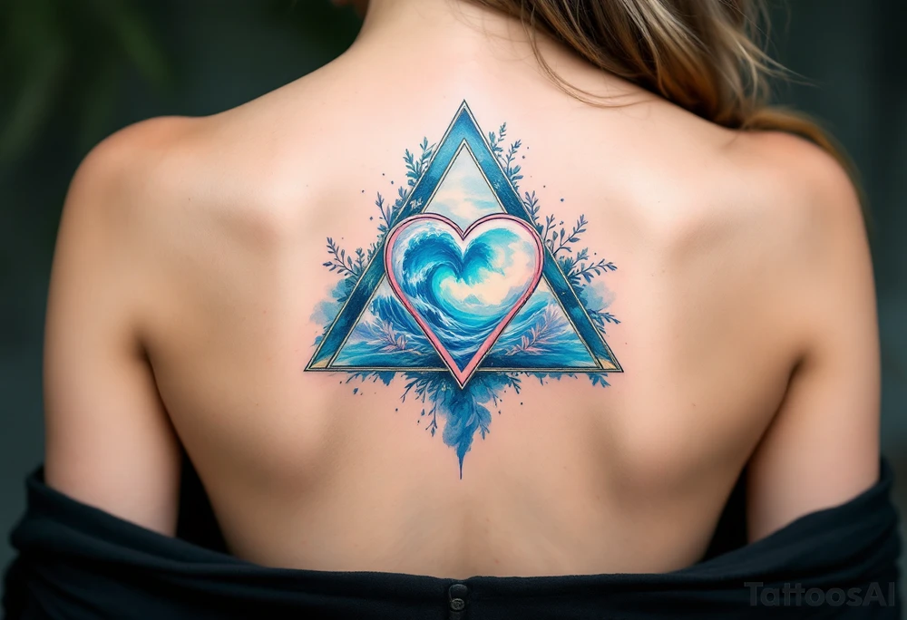 A triangle with a big heart in the center with an ocean travel theme tattoo idea