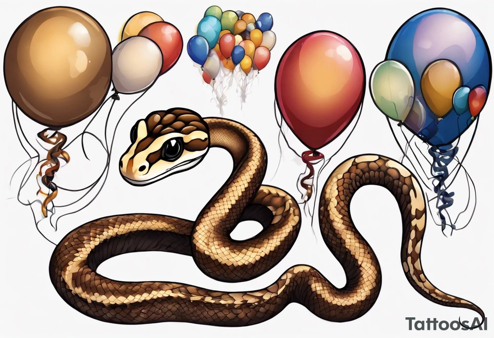 brown ballpython with colored balloons tattoo idea
