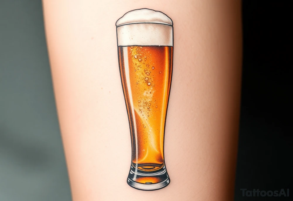 A tall, ice-cold pilsner glass with a thick white foam head, illuminated by warm amber and honey hues tattoo idea