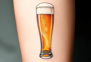 A tall, ice-cold pilsner glass with a thick white foam head, illuminated by warm amber and honey hues tattoo idea