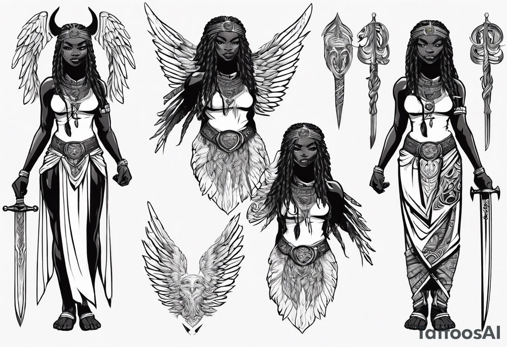 African female Viking valkyre angel smiling full body 
slim long face small mouth long braided hair holding sword tattoo idea