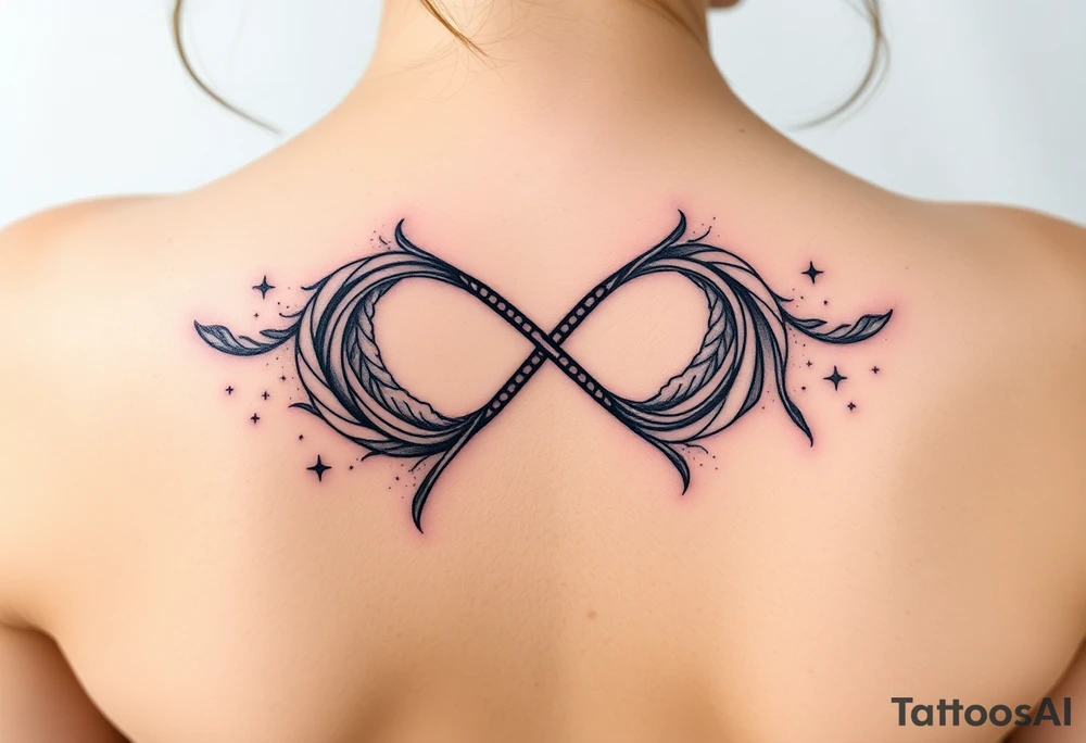 infinity symbol woven with floating feathers and stardust tattoo idea