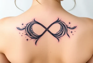 infinity symbol woven with floating feathers and stardust tattoo idea