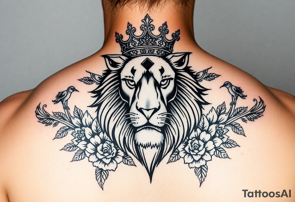 powerful majestic lion with a crown, surrounded by floral ornaments and birds tattoo idea