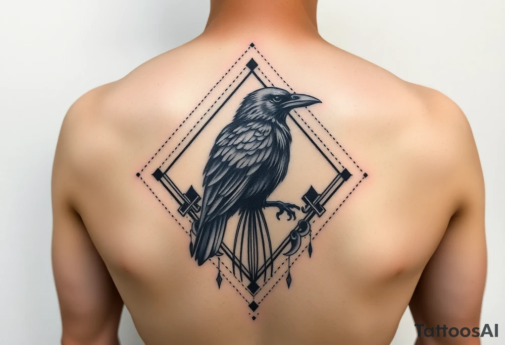 Diamond Geometric design with dotted lines and other designs with big crow extended in the center with dark shading for forearm tattoo idea