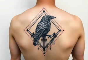 Diamond Geometric design with dotted lines and other designs with big crow extended in the center with dark shading for forearm tattoo idea