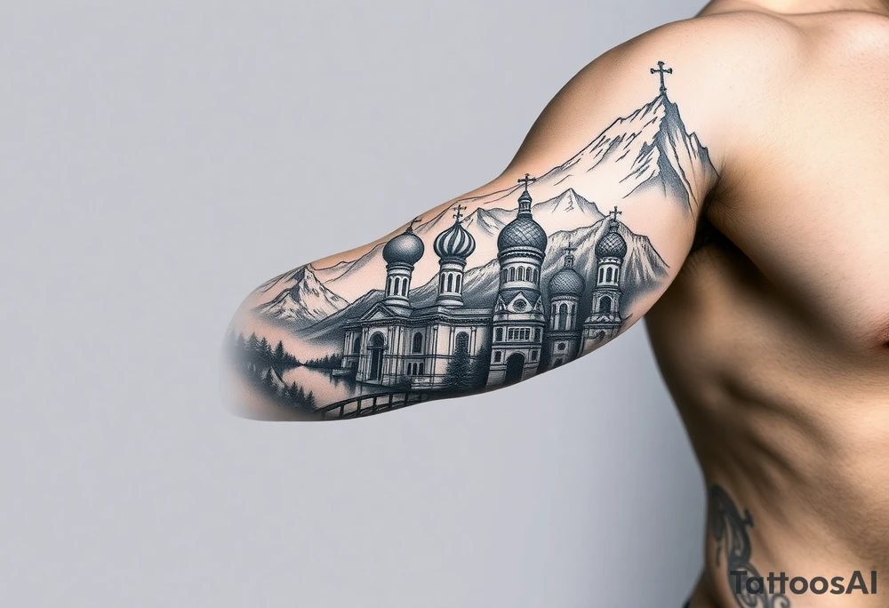 russian orthodox christian left arm tattoo with st basils cathederal in a mountainous setting with a russian coat of arms tattoo idea