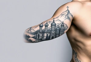 russian orthodox christian left arm tattoo with st basils cathederal in a mountainous setting with a russian coat of arms tattoo idea
