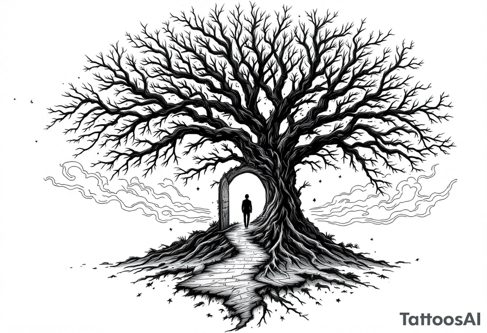 Back tattoo of a big tree with a door and a man walking through the door. On the left draw some fire clouds connecting to the tree, make it a lot. On the right side draw some lines on a treasure map connecting to the tree. Keep the tree in the middle! tattoo idea